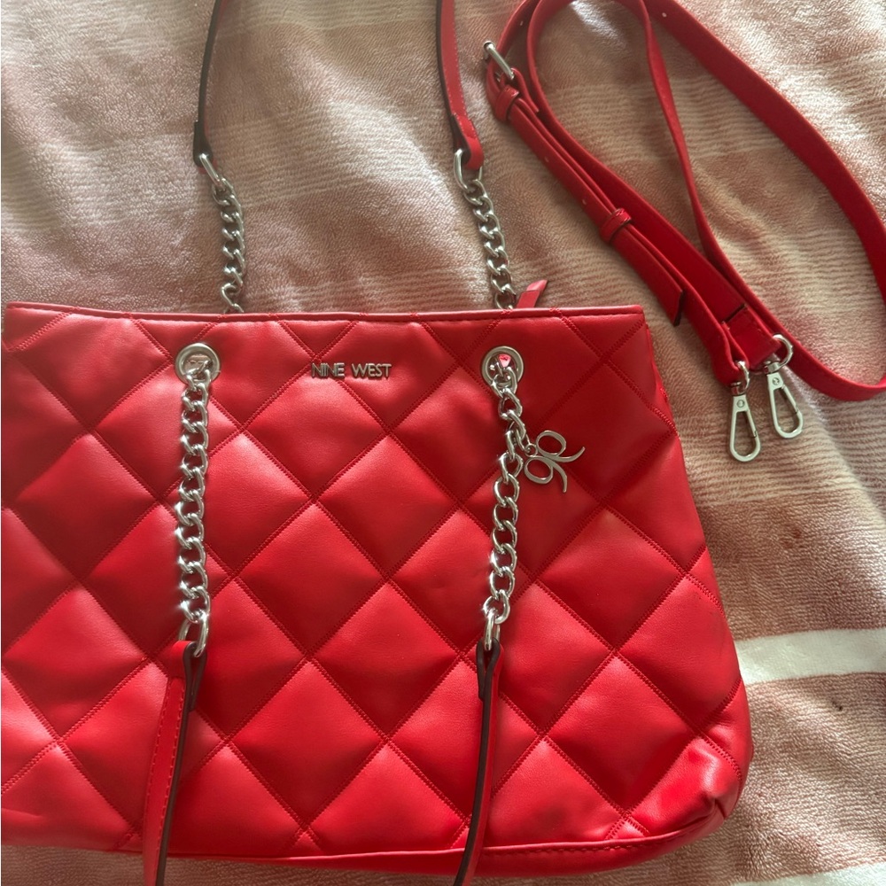 Nine West Red Quilted Shoulder Tote with Chain Detail